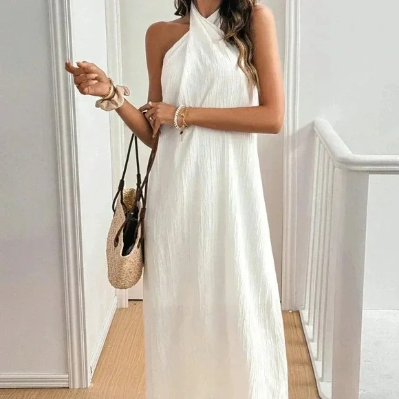 White Casual Women's Summer Solid Color Cross Halter Neck Straight Loose Dress - Picture 3 of 7
